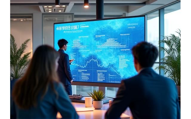 現代的なオフィスでディスカッションする多様なチームメンバー、地球儀とデータが映るスクリーン、コラボレーションとイノベーションを象徴