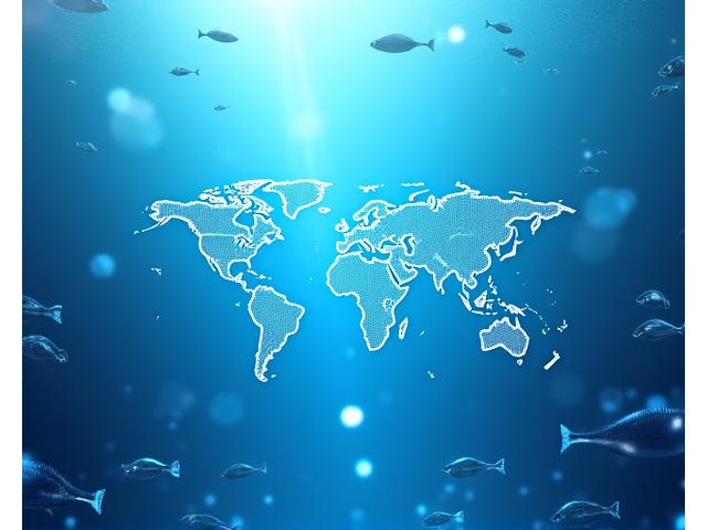 透明な海中の未来的なデータ可視化、ホログラフィックな海洋生物とAIセンサーのアイコン、持続可能性と技術進歩を象徴