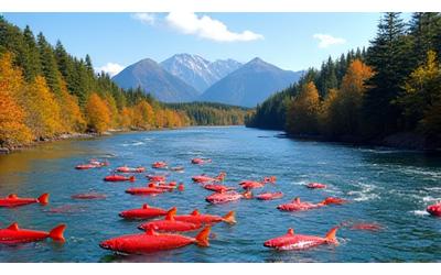 北海道の豊かな自然の中を遡上するサケの群れ
