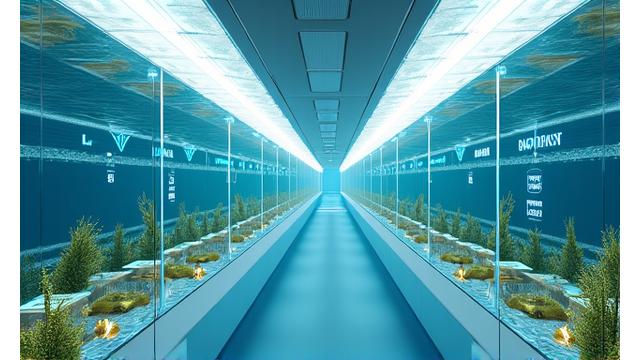 最新の養殖施設を3Dで表現、スマート技術のアイコンが浮かぶ