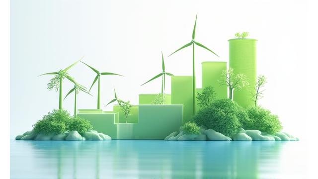 サステナビリティ指標を示すグラフと再生可能なエネルギー設備