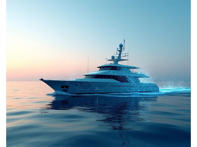 海洋・漁業分野のサイバーセキュリティを表す、デジタル保護された漁船のイラスト