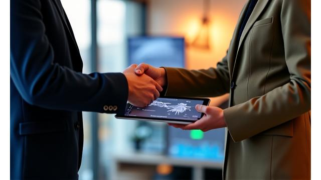 成功事例を示すグラフと握手する漁業関係者