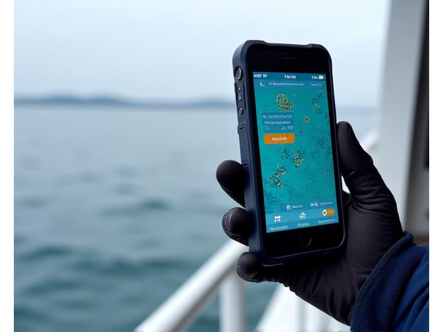 漁師がスマートフォンでリアルタイムデータを確認しているモバイルアプリのスクリーンショット