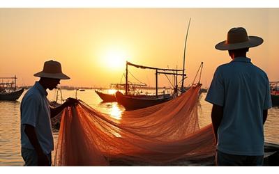 熱帯の漁村で漁網の準備をする人々