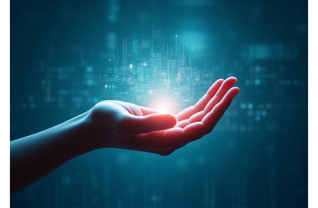 データの上に置かれた手の抽象的なイラスト