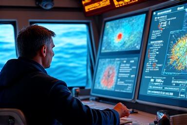 漁船の操縦室でAIが最適な漁場データを分析表示している様子